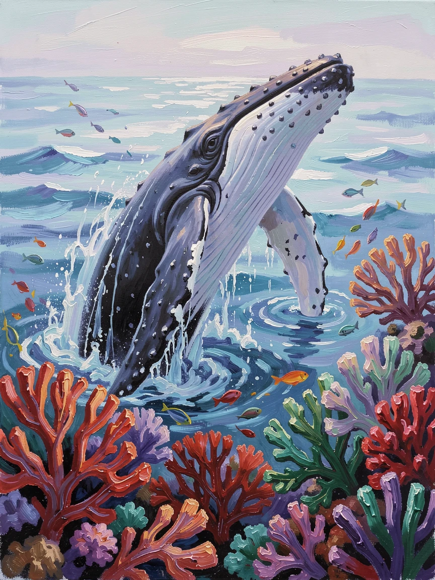A humpback whale breaching the surface, it weaving gracefully between coral formations, above a vibrant coral reef teeming with color, during the soft blue light just beneath the surface at dawn.