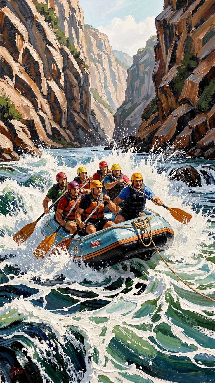 A whitewater rafting team navigates powerful rapids through a steep canyon, spray exploding around the boat as paddlers lean into the current, small gear details, like worn boots or coiled rope, hinting at the effort behind the moment.