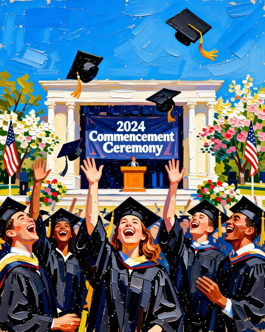 A graduation ceremony with caps thrown triumphantly into a clear blue sky