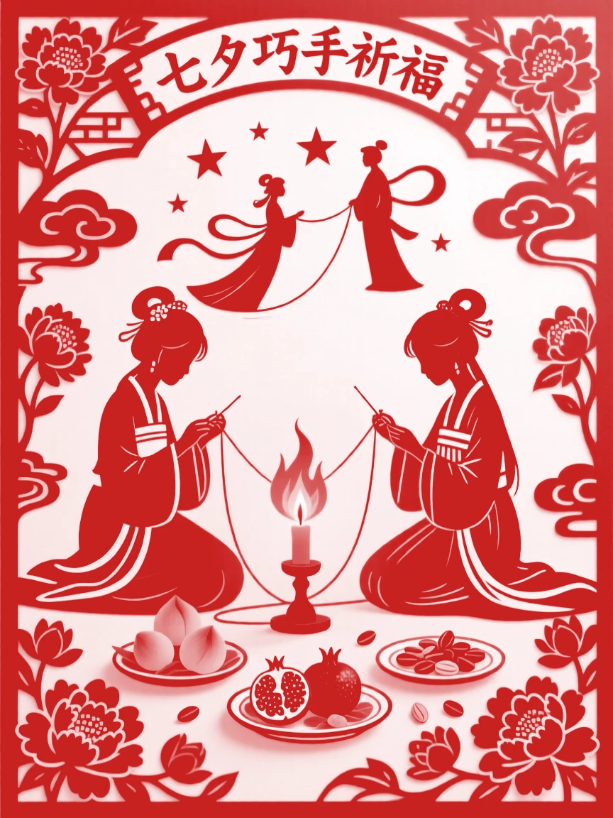Young women threading needles by candlelight on Qixi eve, offering plates of fruit and flowers to the stars, praying for skillful hands and a happy match