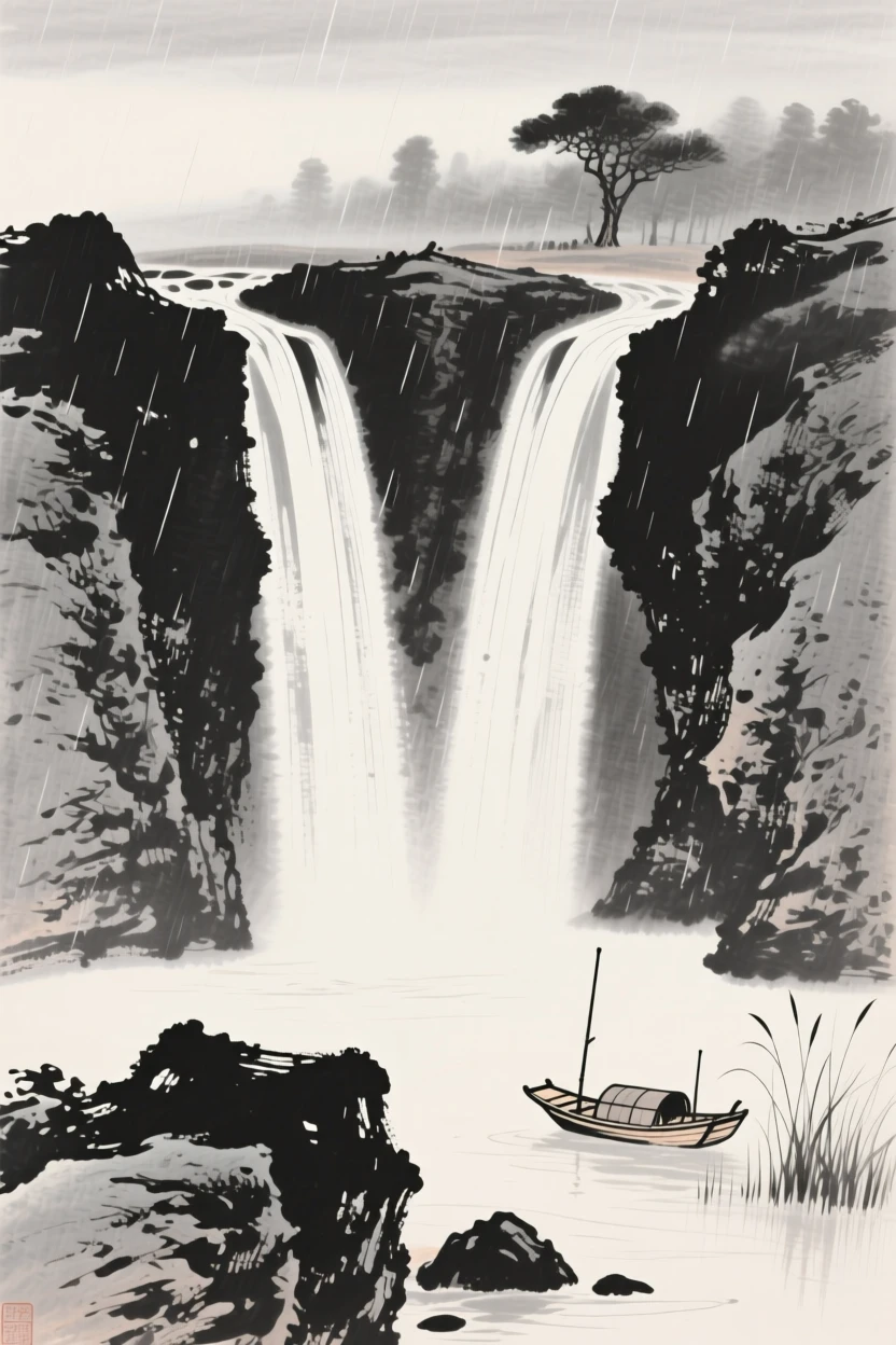 Twin waterfalls plunging side by side into a rocky basin while a light rain blurs the distant tree line, framed low, with the foreground rocks leading the eye toward the distance, with a small fishing boat anchored near the reeds, capturing a fleeting, serene moment suspended in time.