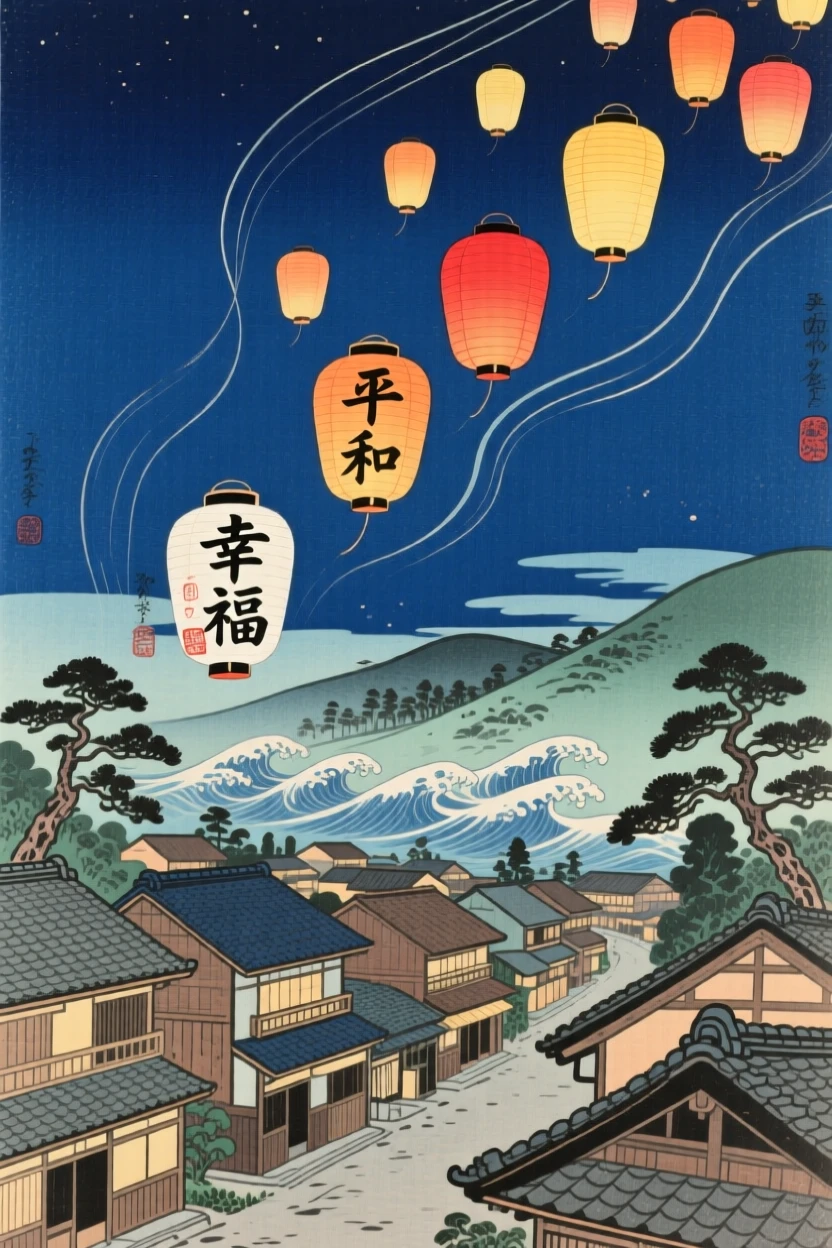 A village of glowing lanterns drifting skyward, soaring above a sleeping city.