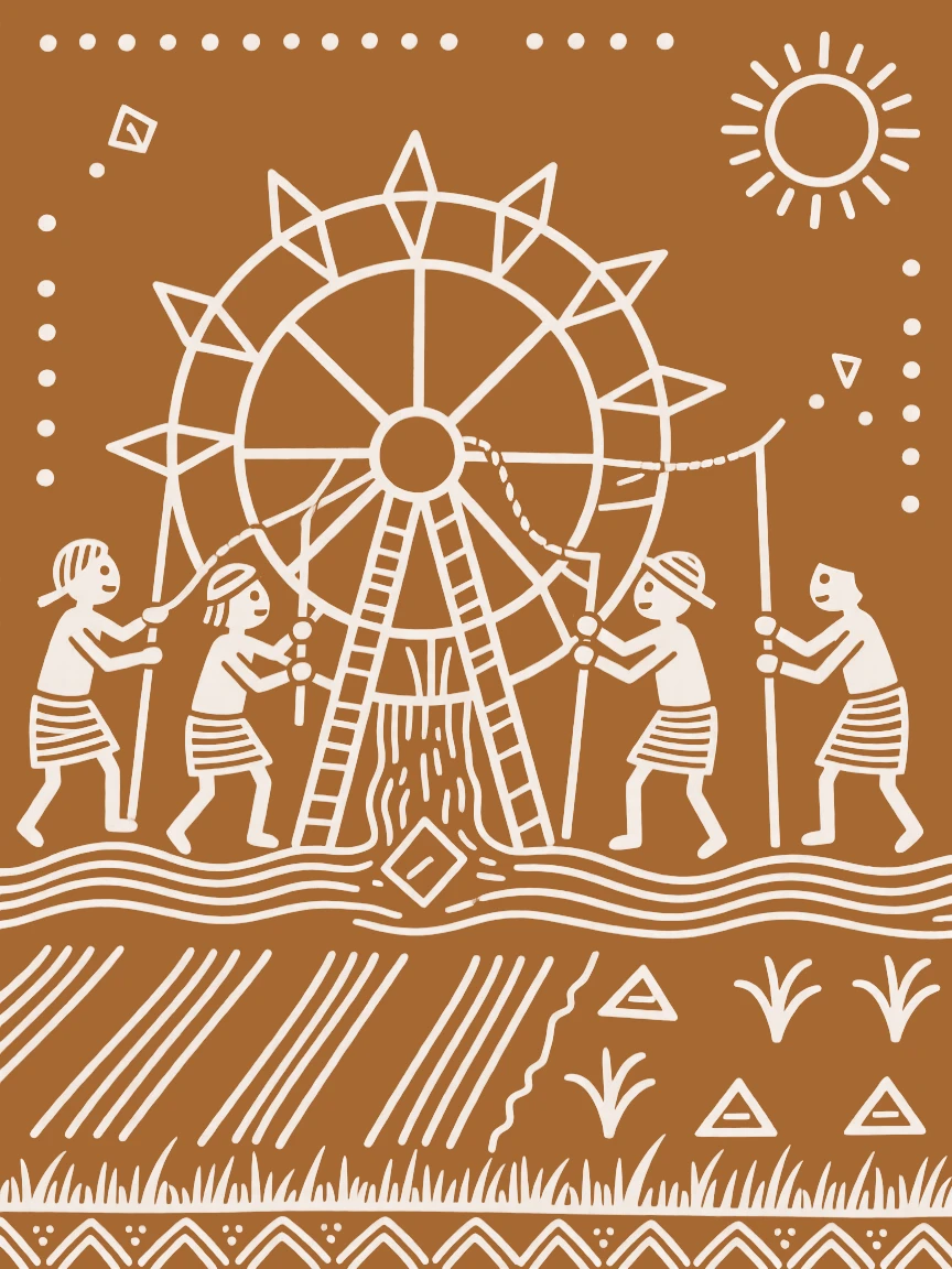 A group of farmers irrigating a field using a hand-drawn water wheel.