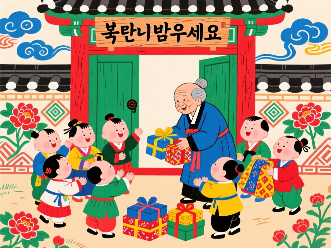 Children receiving new clothes and gifts during a New Year celebration.