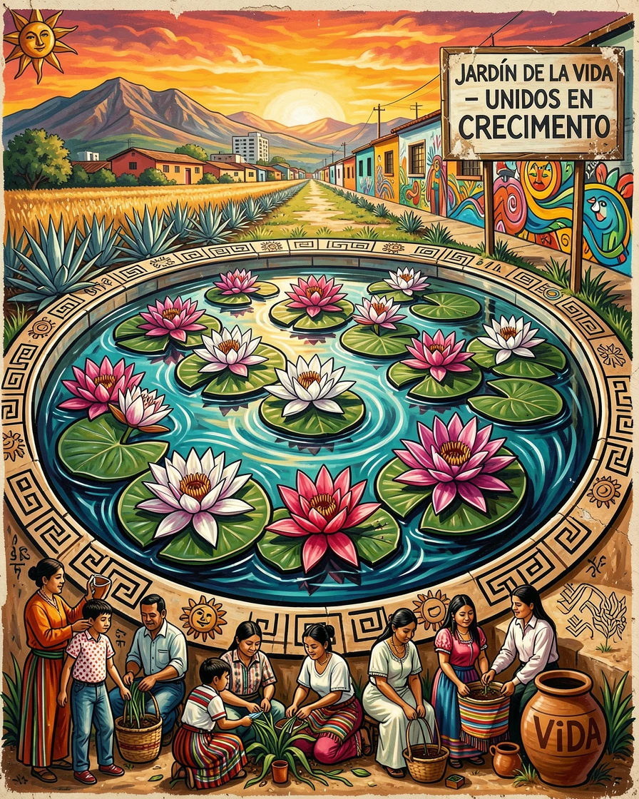 A garden pond filled with blooming water lilies