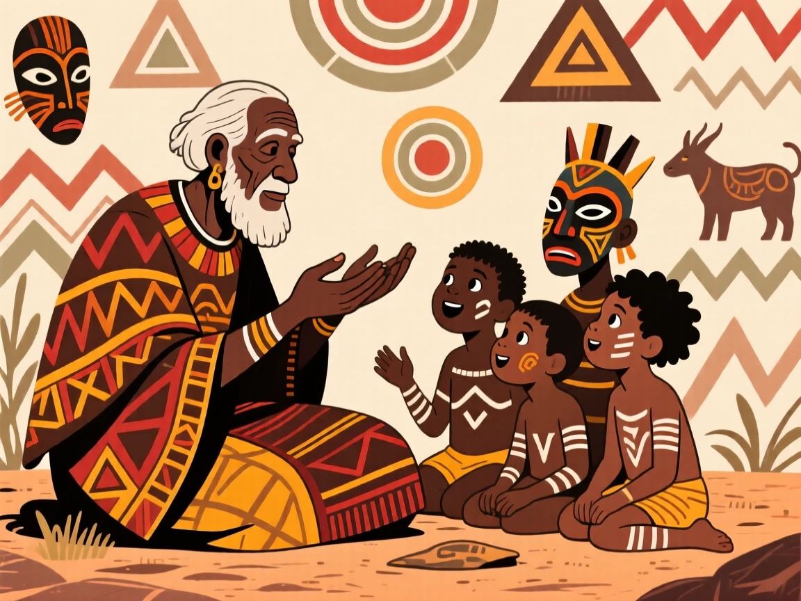 An elder recounting an ancient legend to wide-eyed children.