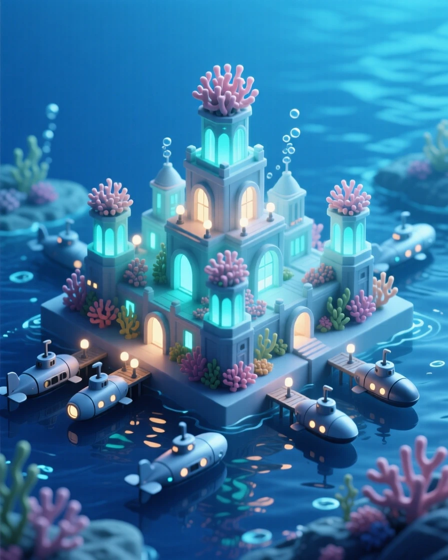 A bioluminescent underwater city glowing softly on the ocean floor, submarines docking at coral-covered towers.