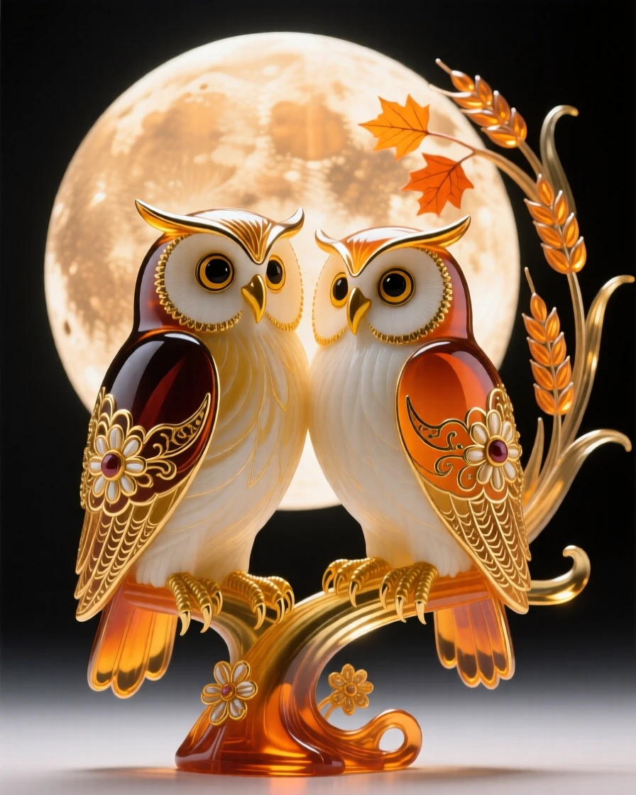 A pair of owls perched together beneath a full harvest moon, wise and bonded.