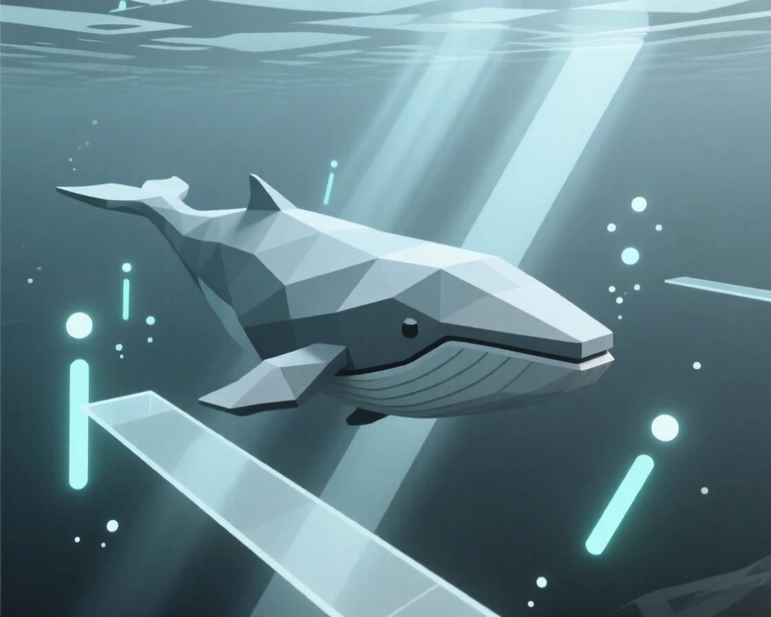 A whale swimming through shafts of underwater light, surrounded by glowing bioluminescent light. the scale of the scene emphasizes its vastness and wonder. The mood feels futuristic and full of possibility.