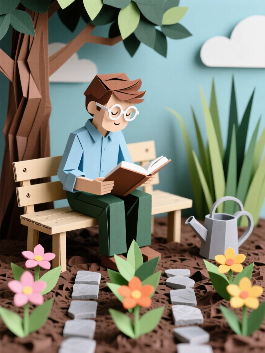 An avid reader tending rows of blooming plants, with nature framing the scene beautifully, capturing mindful, patient craftsmanship.