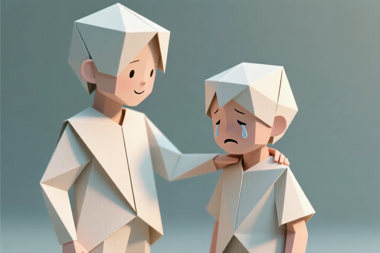 A child comforting a crying friend with a gentle hand on their shoulder.
