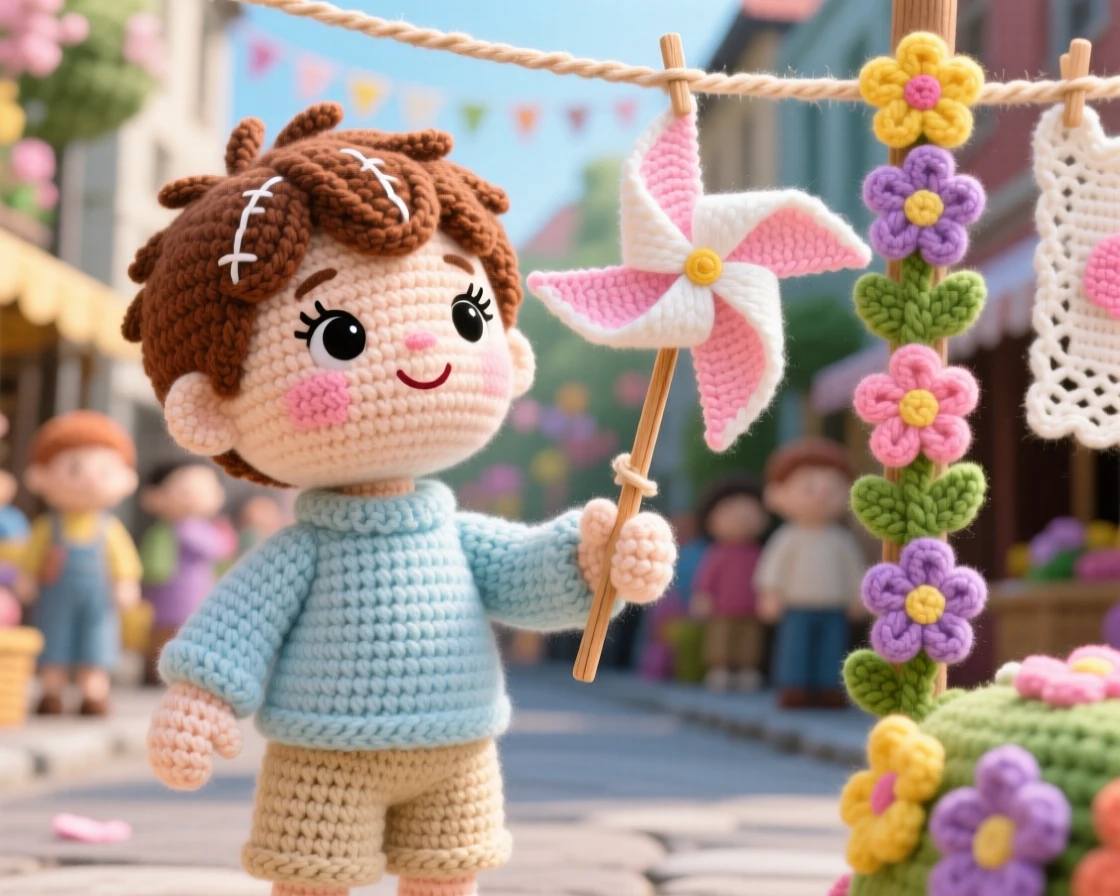 a small boy holding a small paper windmill, for a spring renewal festival, watching it spin in a gentle breeze, at a bustling street decorated for a festival, with a garland of woven flowers draped nearby, radiating joyful community celebration and shared tradition.