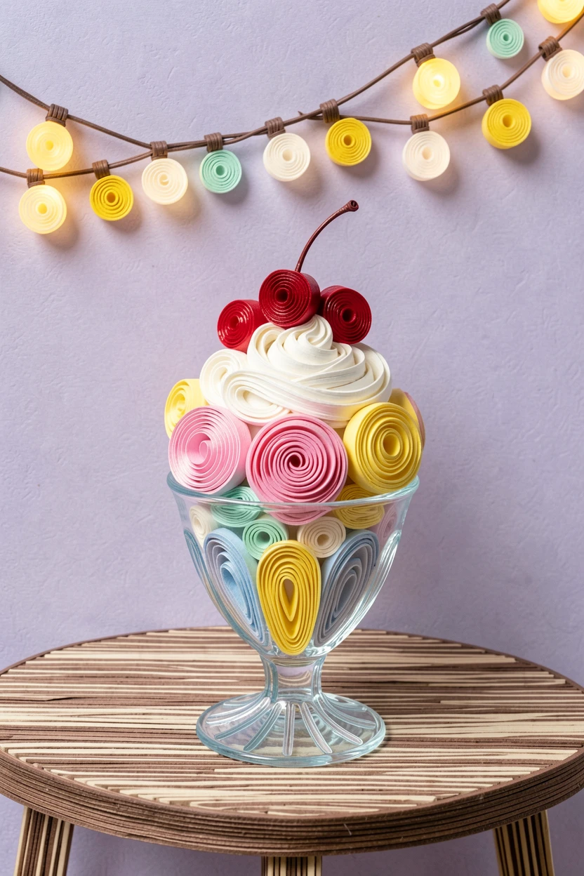 A cozy still life of a colorful ice cream sundae with cherries on top at an outdoor café table with string lights above, in bright, cheerful pastel colors, composed with warm, inviting close-up framing.