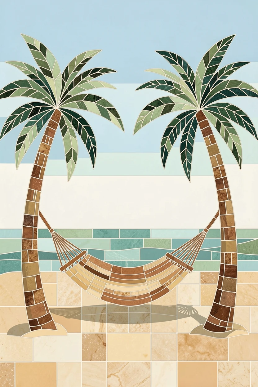 A charming, nostalgic scene of a peaceful hammock strung between two palm trees on a quiet beach, evoking calm and comfort.