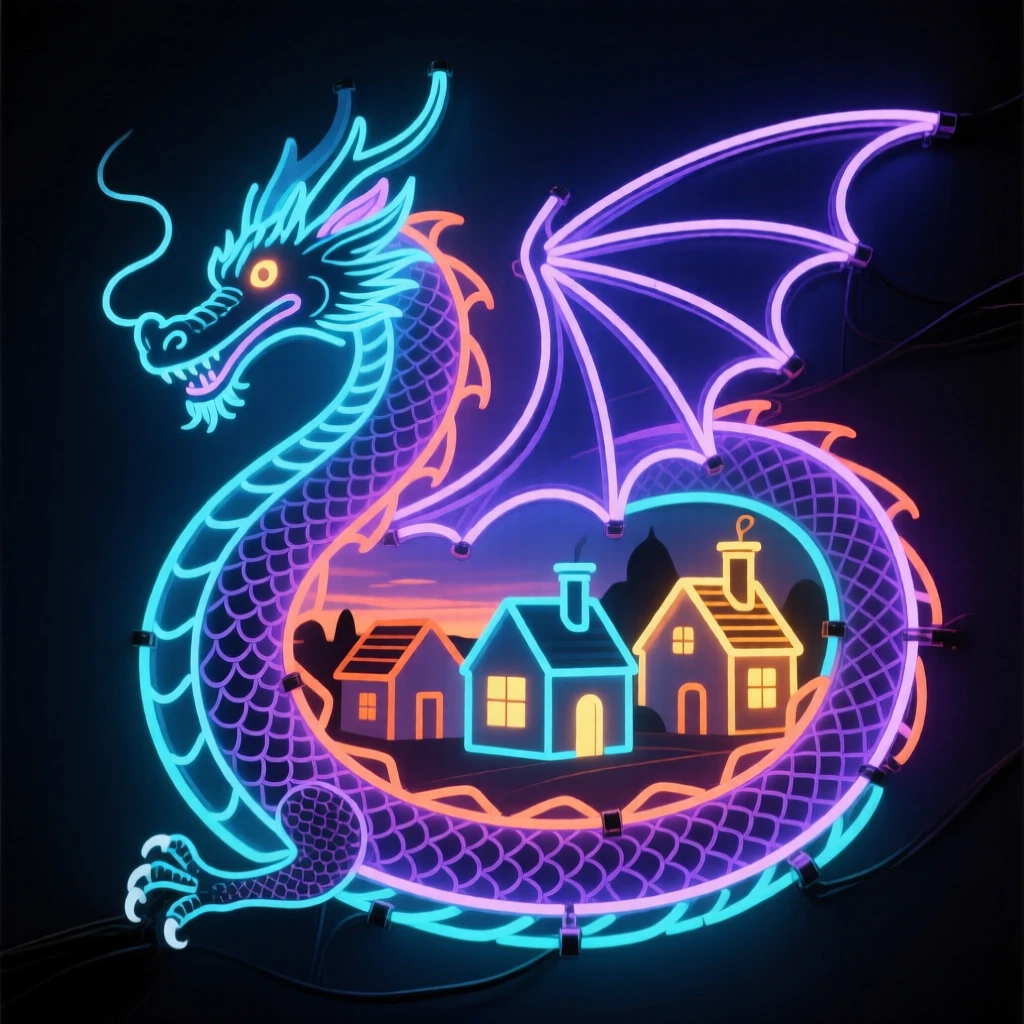 A dragon curling protectively around a small village at dusk.