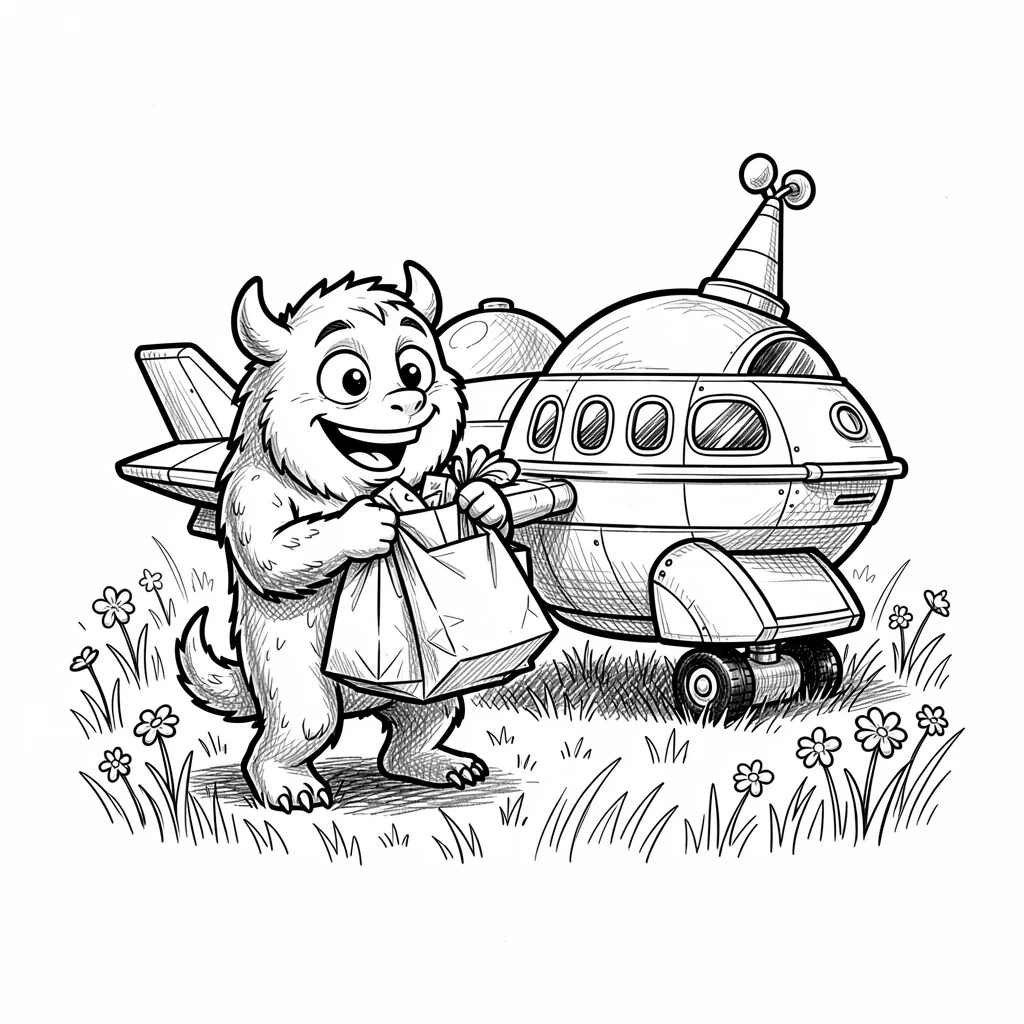 A friendly monster helping carry groceries beside a spaceship parked in a meadow.