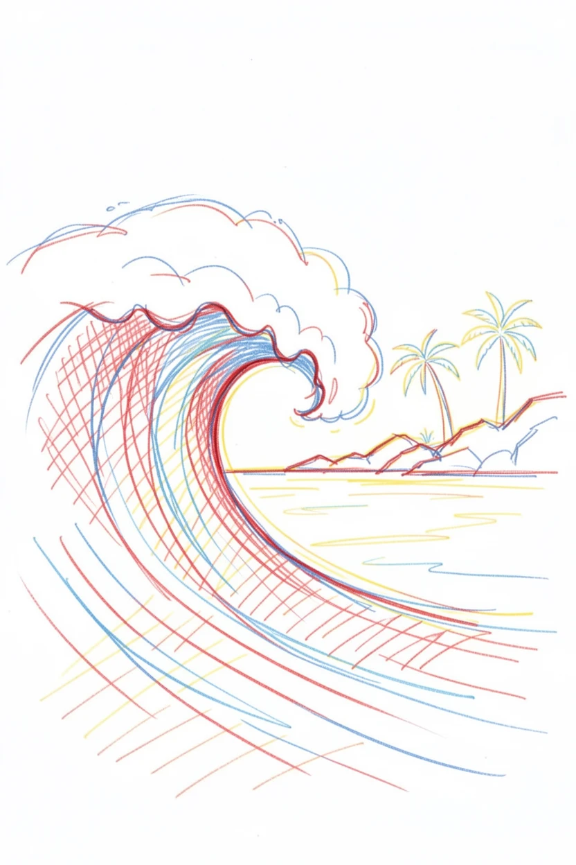 A dramatic wave curling perfectly at sunrise along a tropical coastline
