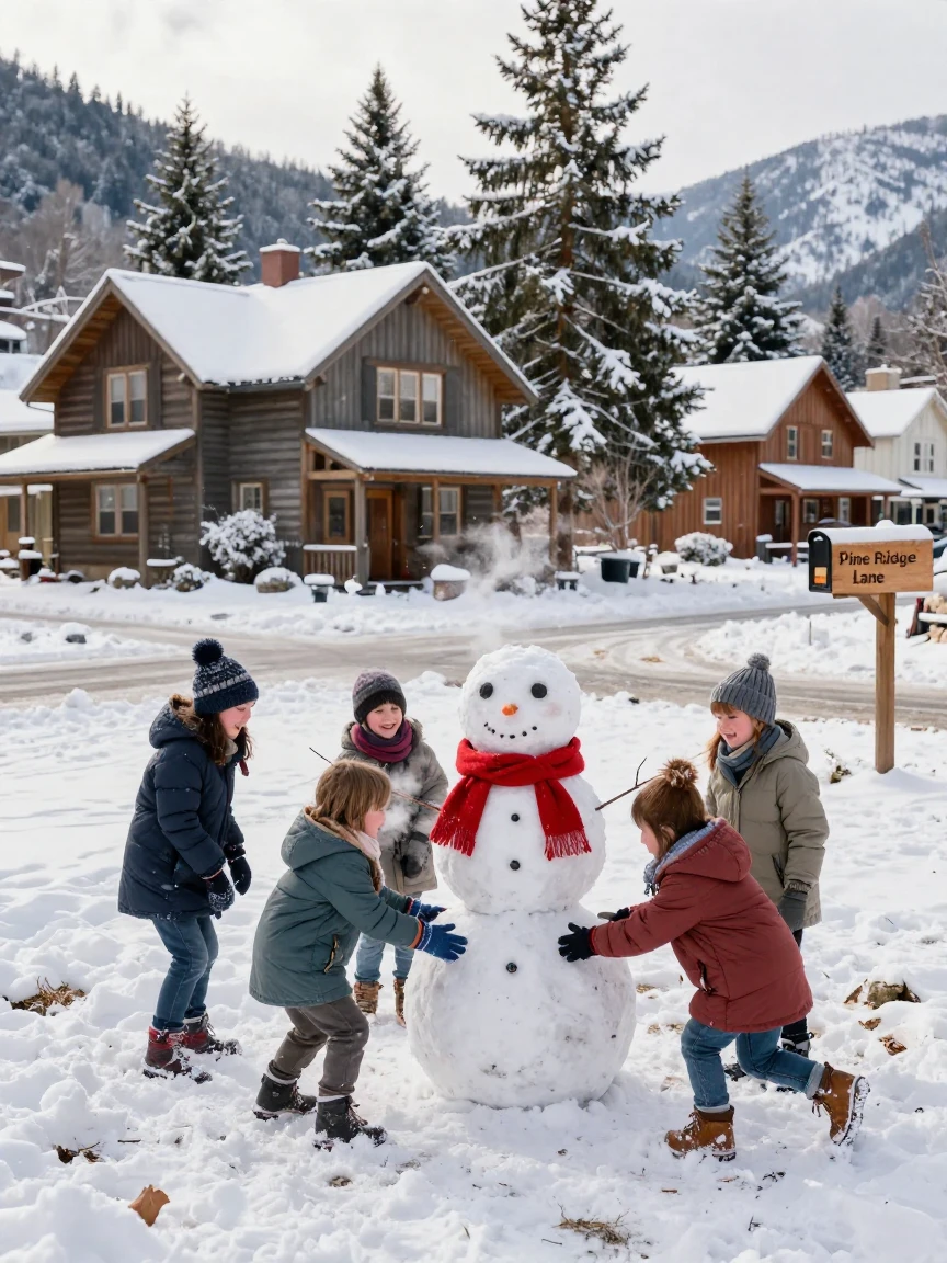 Fresh snow blankets a small mountain town as children build a snowman in a front yard.