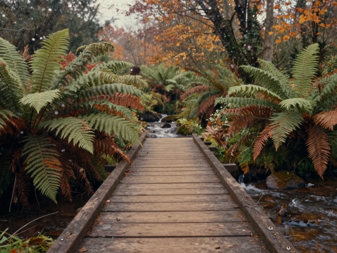 A wooden footbridge crossing a stream in a fern-filled forest, in soft window light, under scattered clouds, in late autumn, with muted olive and rust colors, through a rain-streaked window.