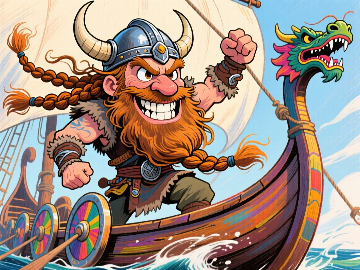 A Viking warrior standing at the bow of a longship, braided beard whipping in the wind.