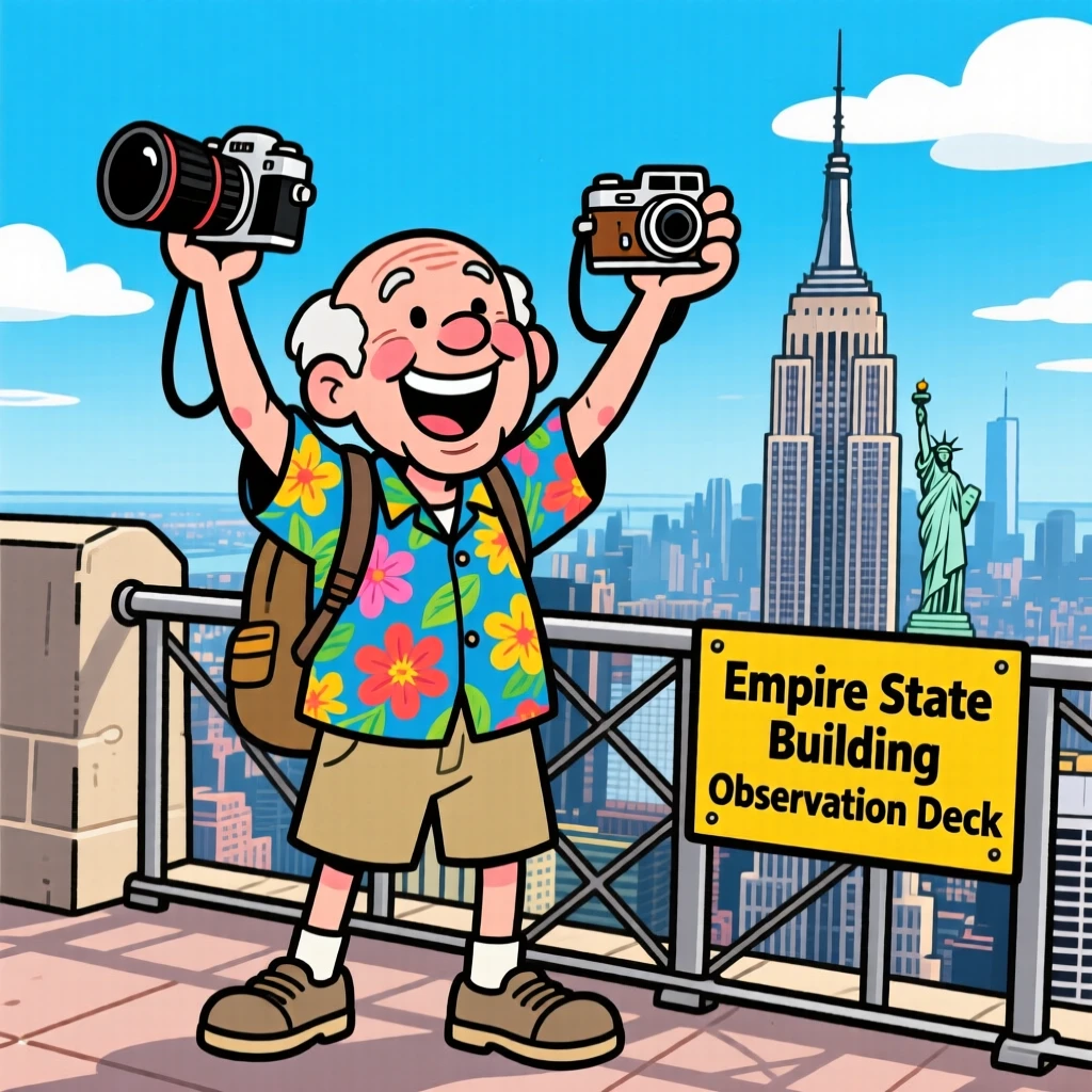 An iconic travel scene featuring an adventurous retiree taking in the view from the top of the Empire State Building, with cameras raised and wide smiles.