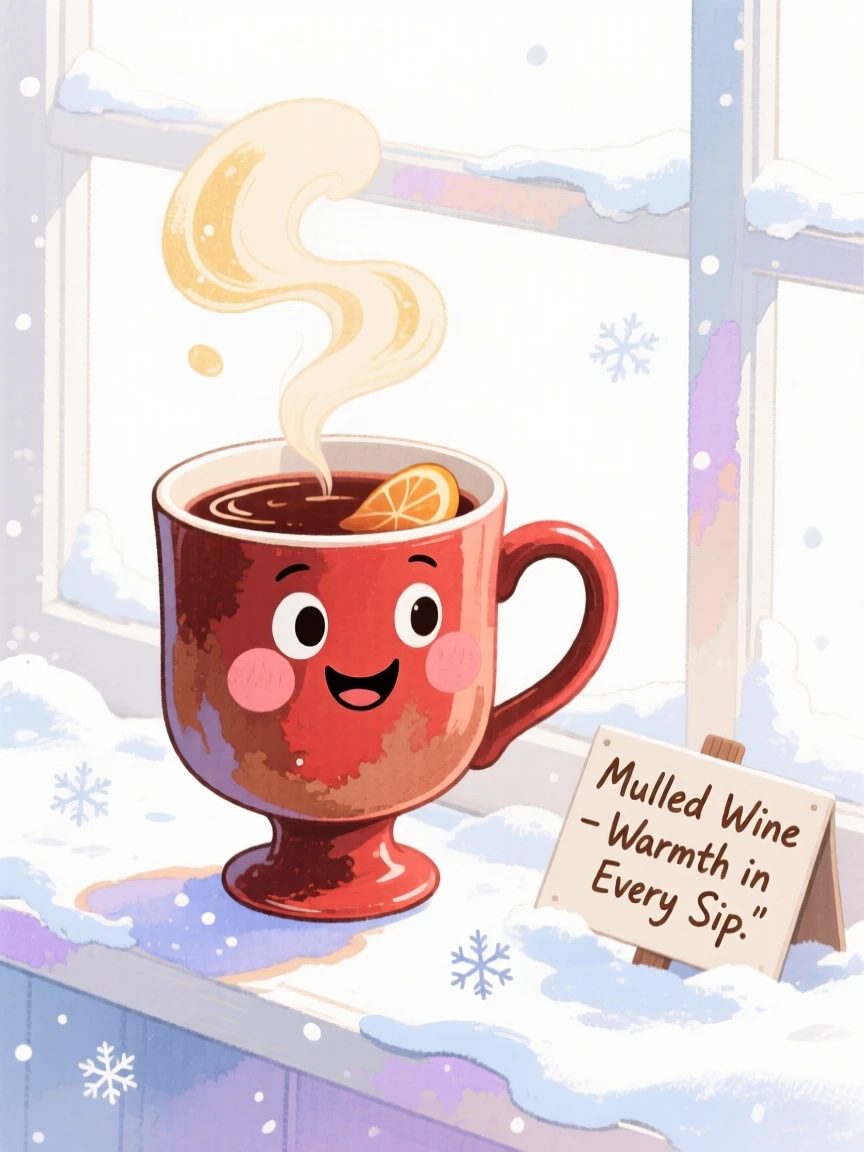 A cozy, appetizing, bright and cheerful scene of a warm mug of mulled wine on a snowy windowsill