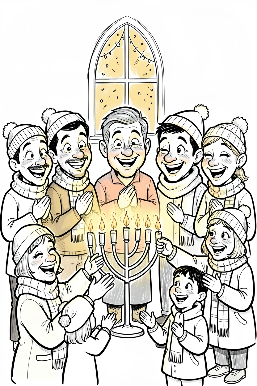 [Seasonal Holidays & Celebrations] Festive scene of a cozy church congregation lighting a menorah together, full of celebration and joy