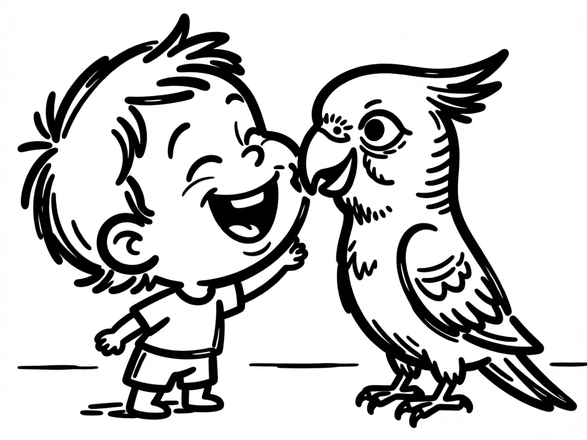 A parakeet getting kissed on the head by a delighted toddler.