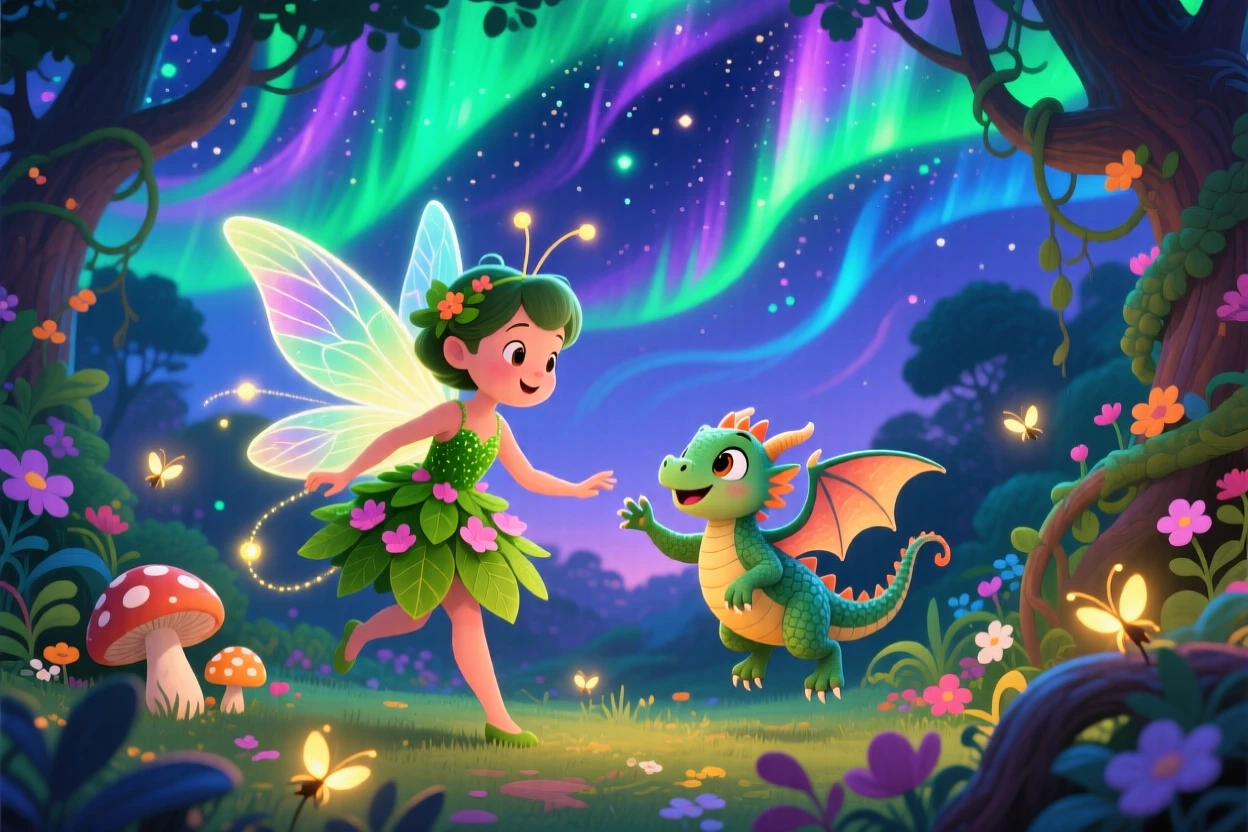 In an enchanted forest, a firefly fairy discovers a moment of wonder while training a baby dragon to fly, as the northern lights ripple overhead.