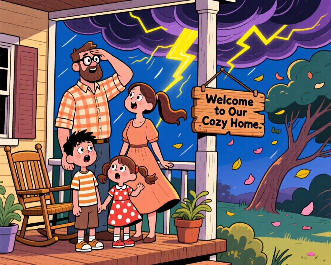 A family watching a dramatic thunderstorm roll in from a porch.