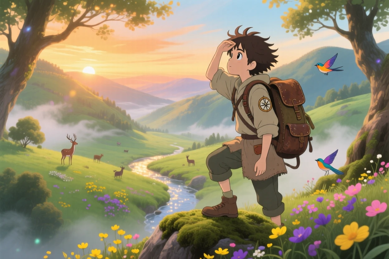 A hiker cresting a ridge to reveal a hidden valley below, the moment adventurous and hopeful.