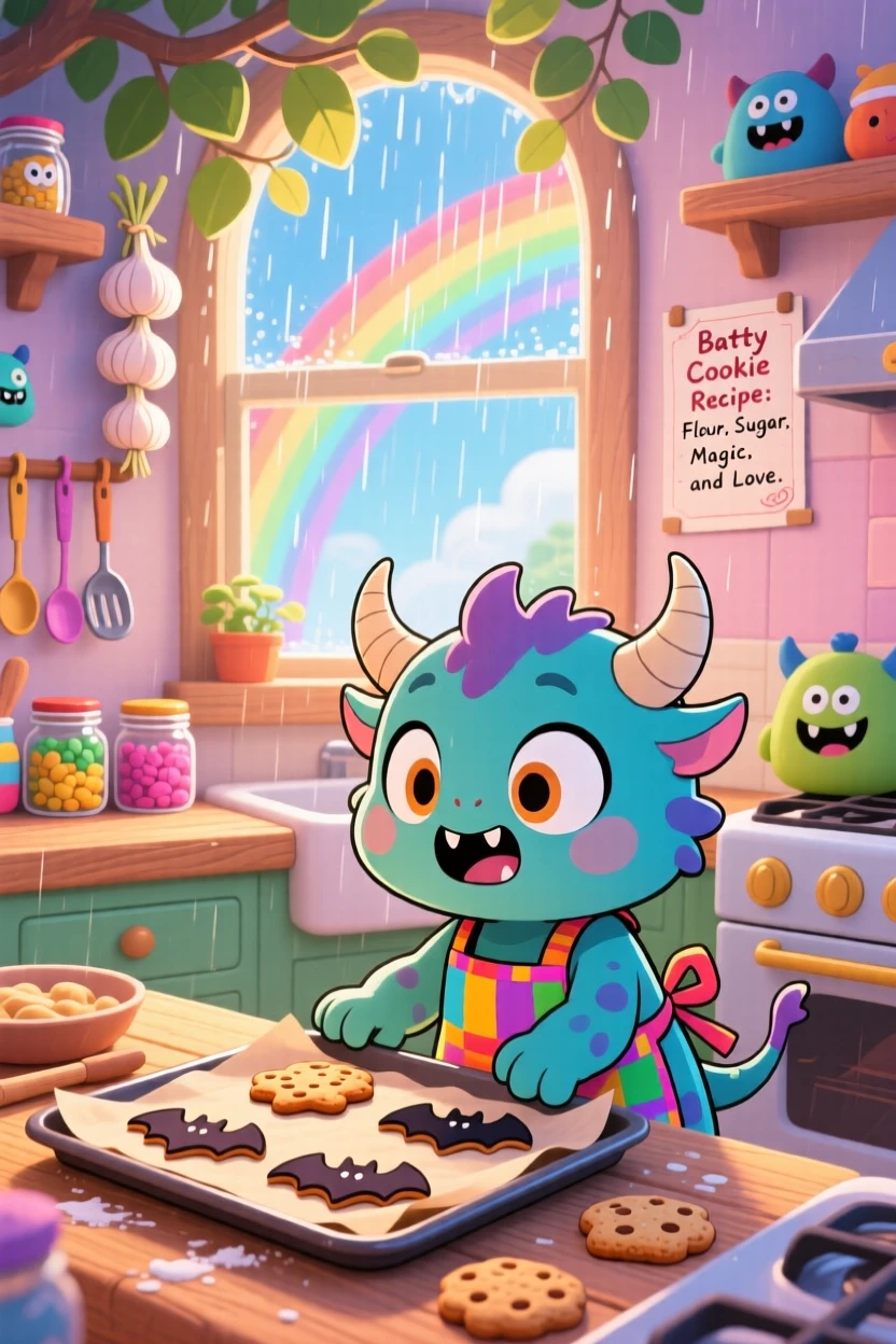 Over-the-shoulder view of a tiny horned monster, baking cookies shaped like bats, in a cheerful monster kitchen, under a rainbow after the rain, illuminated by dappled sunlight through a canopy, radiating gentle surprise.