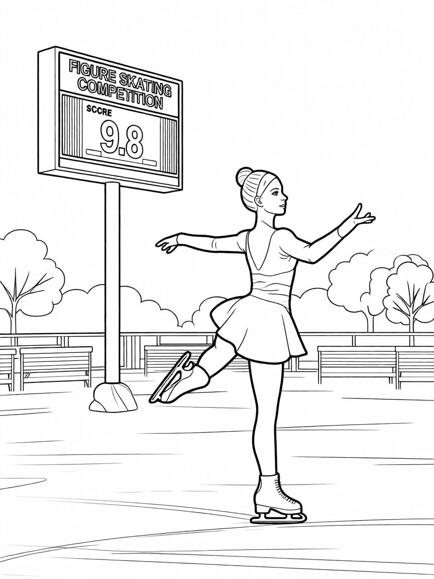 A figure skater spinning on frozen ice, with a scoreboard glowing in the distance.