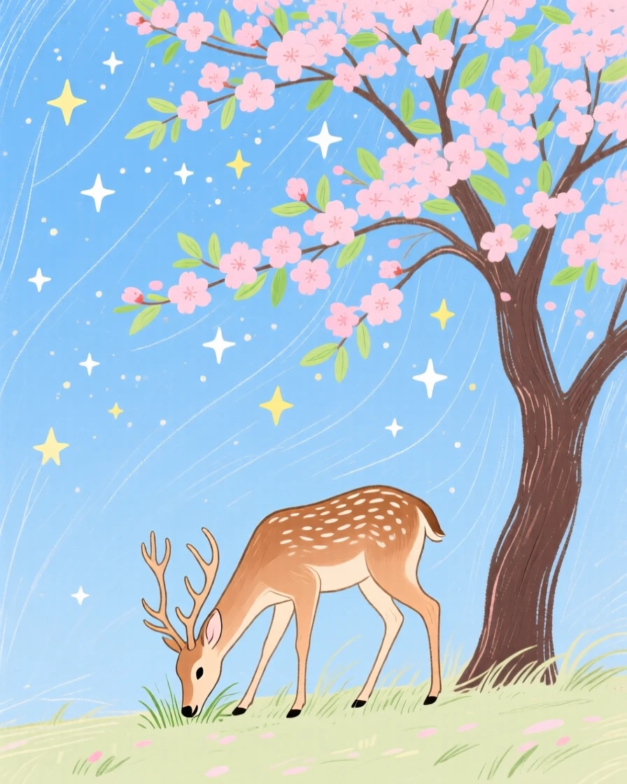 A gentle deer grazing under a blossoming tree under a clear starry sky.