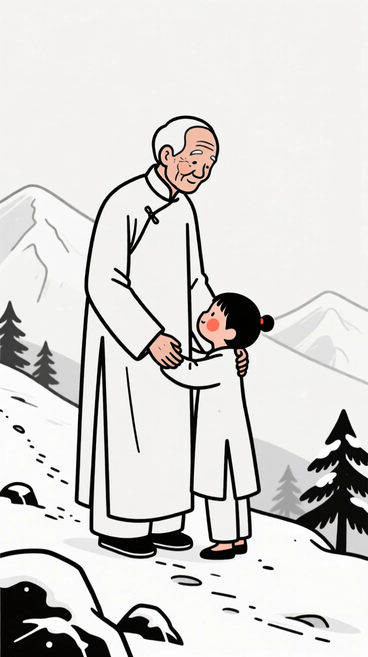 An elderly man wearing a Vietnamese ao dai, sharing a tender embrace, on a snowy mountain trail.