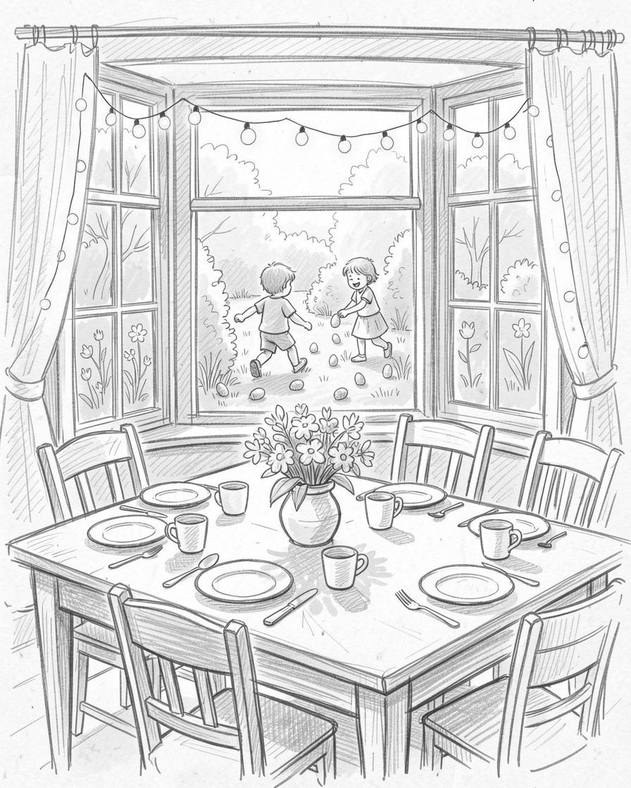 A joyful holiday moment: children hunting for Easter eggs in a sunny garden in a beautifully set dining room, with twinkling lights glowing warmly.