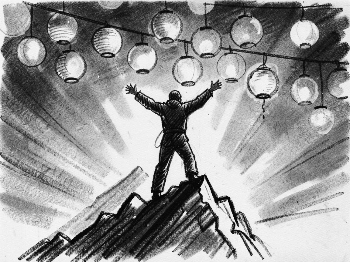 A lone climber reaching the summit at sunrise, arms outstretched, under a canopy of colorful lanterns.