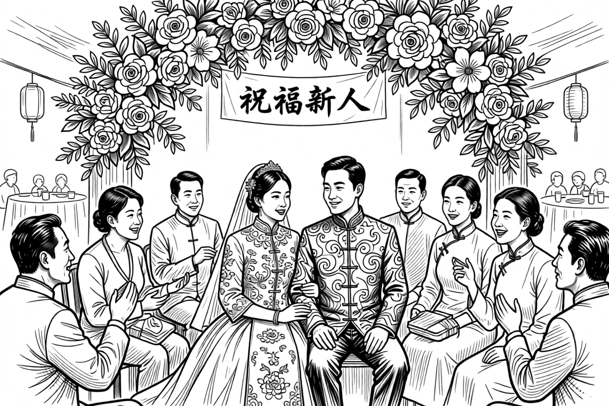 A vibrant traditional wedding feast set beneath a canopy of flowers.