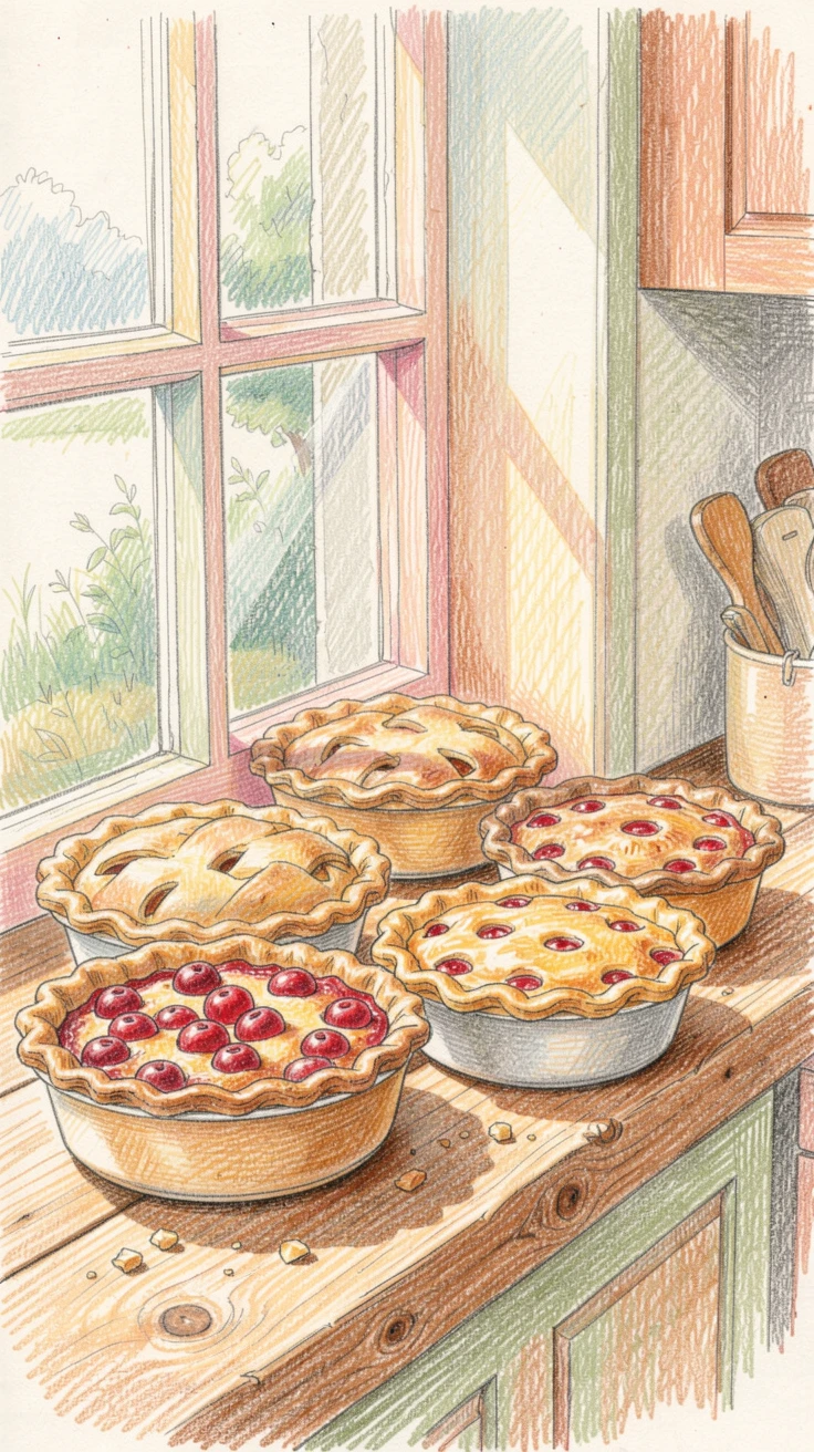 A countryside kitchen windowsill lined with fresh baked pies, with a gentle play of light and shadow across the composition, designed to feel inviting, memorable, and shareable.