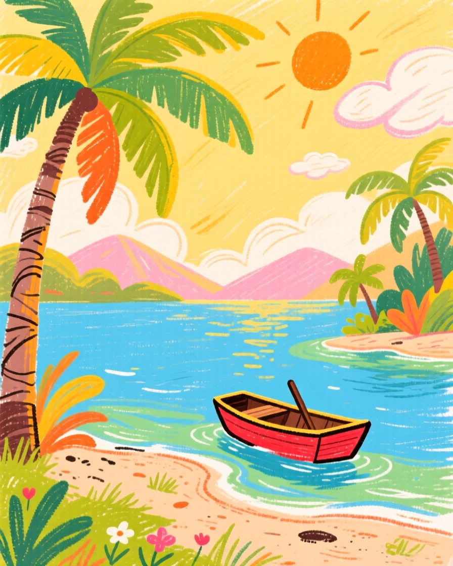 A view of a tropical lagoon bathed in golden late afternoon sunlight.