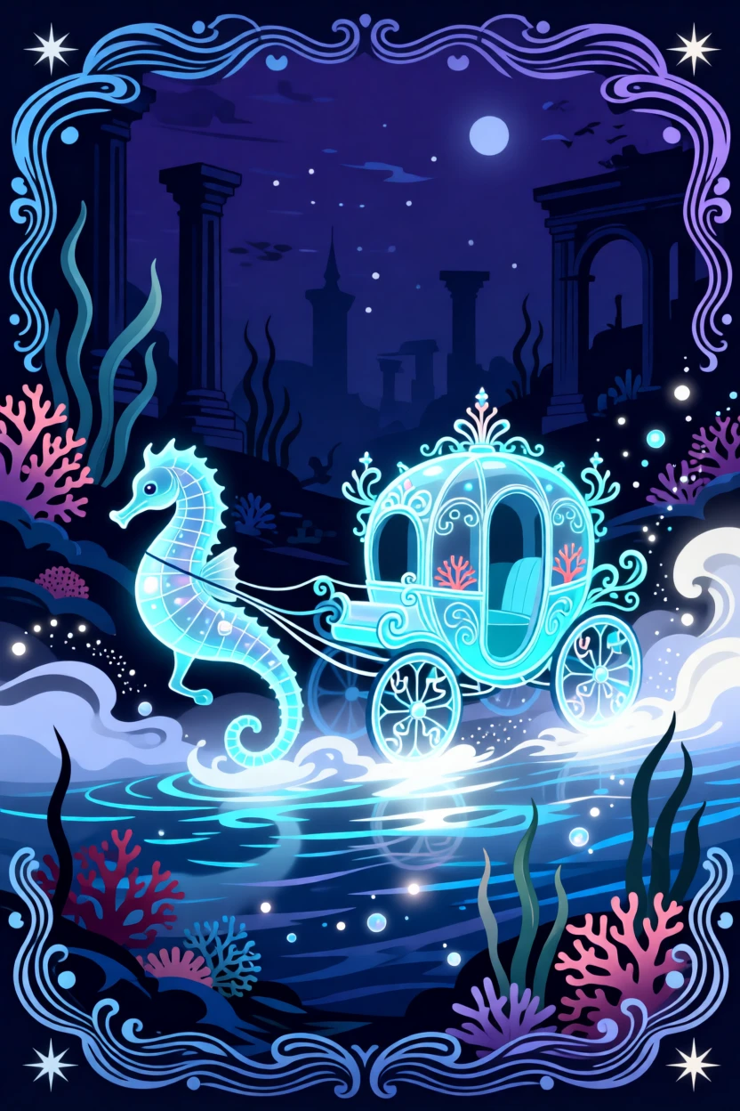 A glowing seahorse carriage pulled through an underwater kingdom, surrounded by a magical mist glowing faintly in the moonlight, framed to evoke a sense of magic and enchantment, with subtle magical particles drifting through the air.