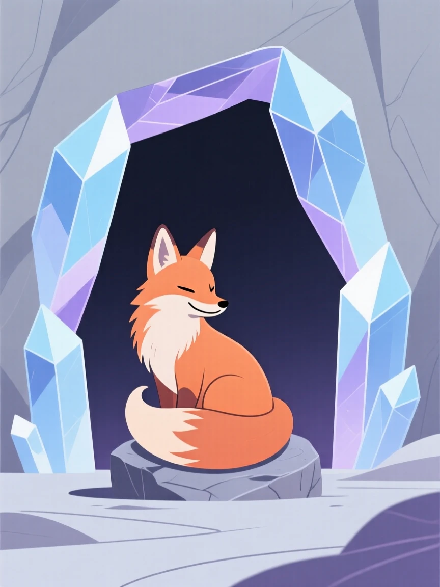 A talking fox spirit resting quietly near a crystal cave.