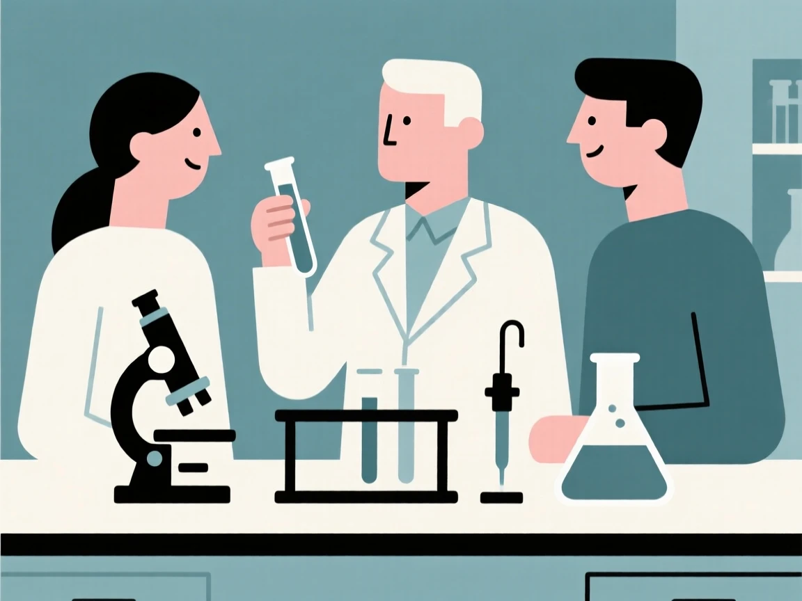 A scientist in a lab collaborating with colleagues in a research laboratory, near tools neatly arranged, full of creative problem-solving.