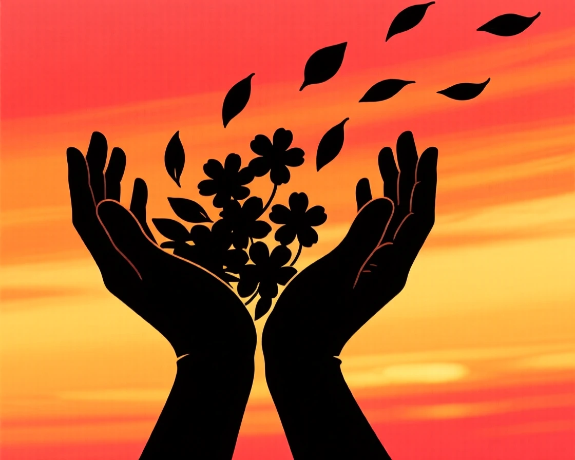 A single set of hands opening to release a handful of flower petals into the wind.