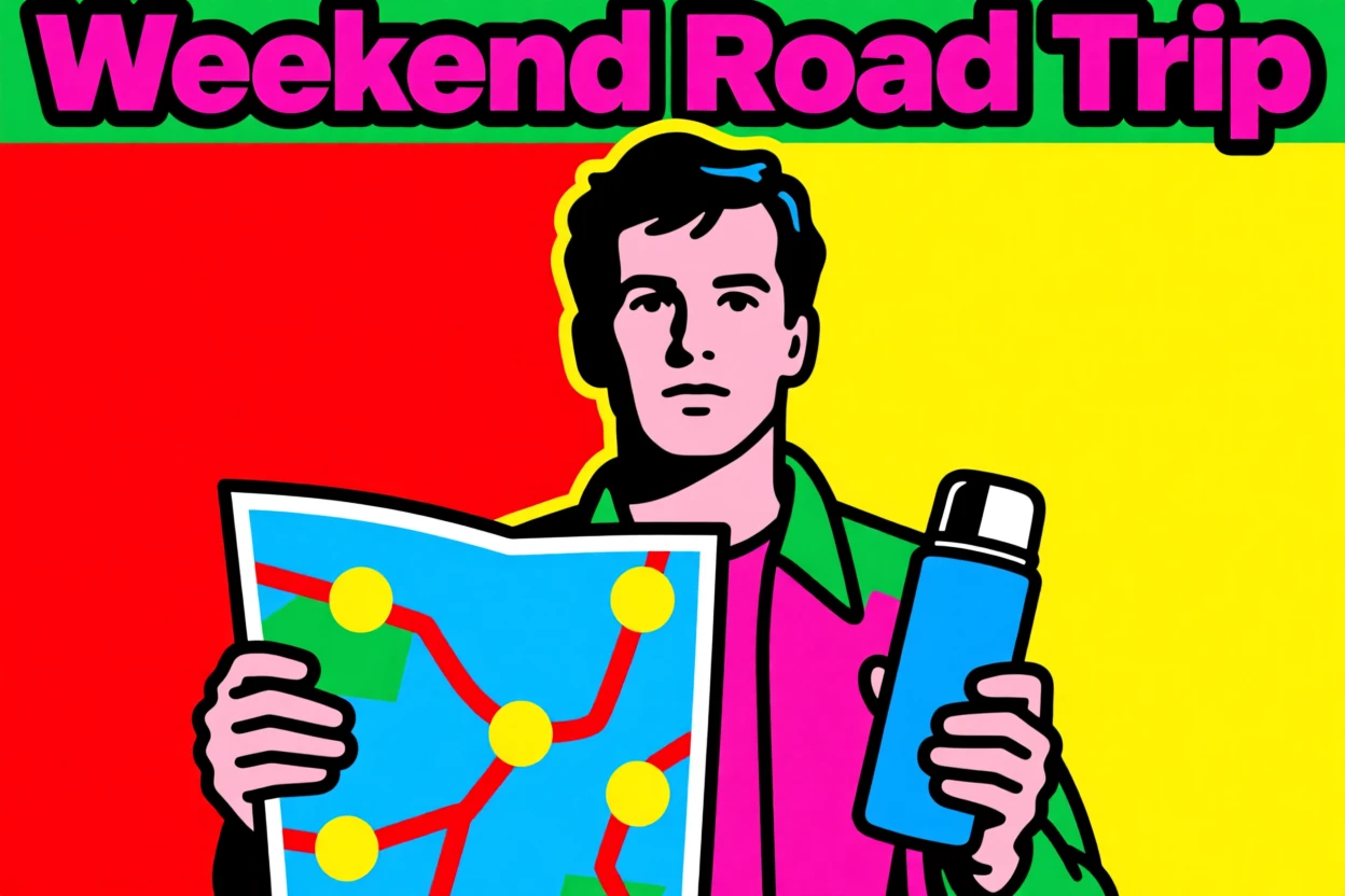 Weekend road trip with a map and coffee thermos