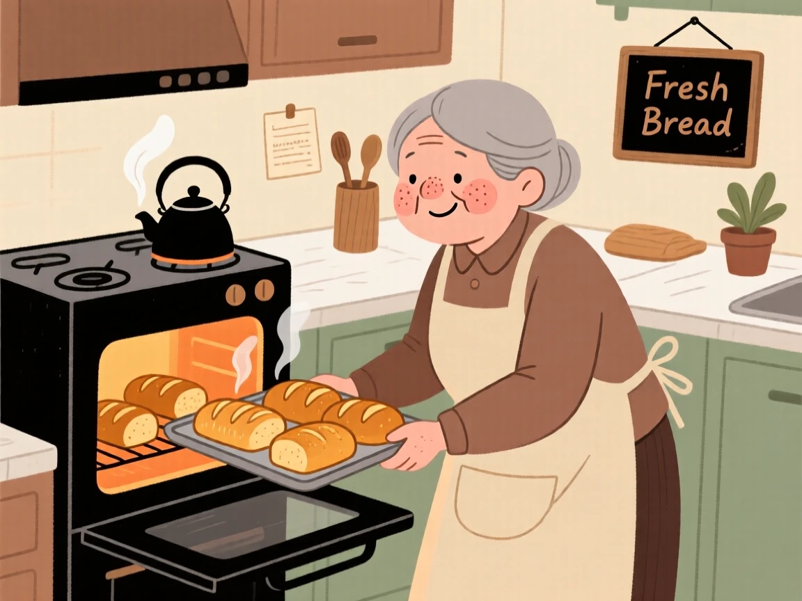A grandmother pulls a tray of golden loaves of bread from the oven in a cozy home kitchen, steam rising as a kettle whistles on the stove.