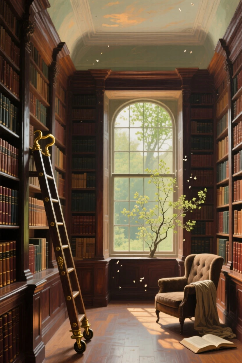 A panoramic view of a cozy library with towering shelves and a rolling ladder, sunlight streaming through tall windows, at midday, in early spring.