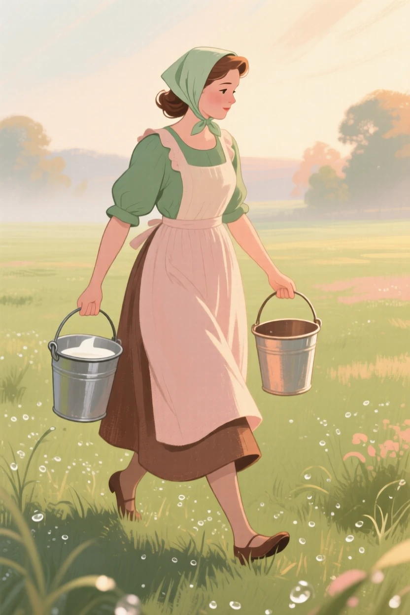 A milkmaid carrying pails across a dew-covered pasture