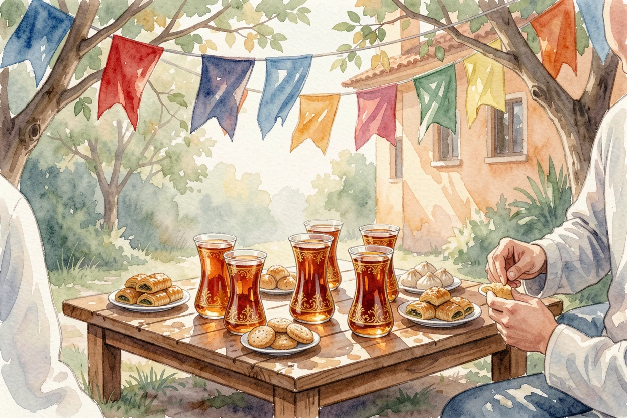 A Turkish tea gathering with ornate glasses and pastries under strings of colorful festival flags.