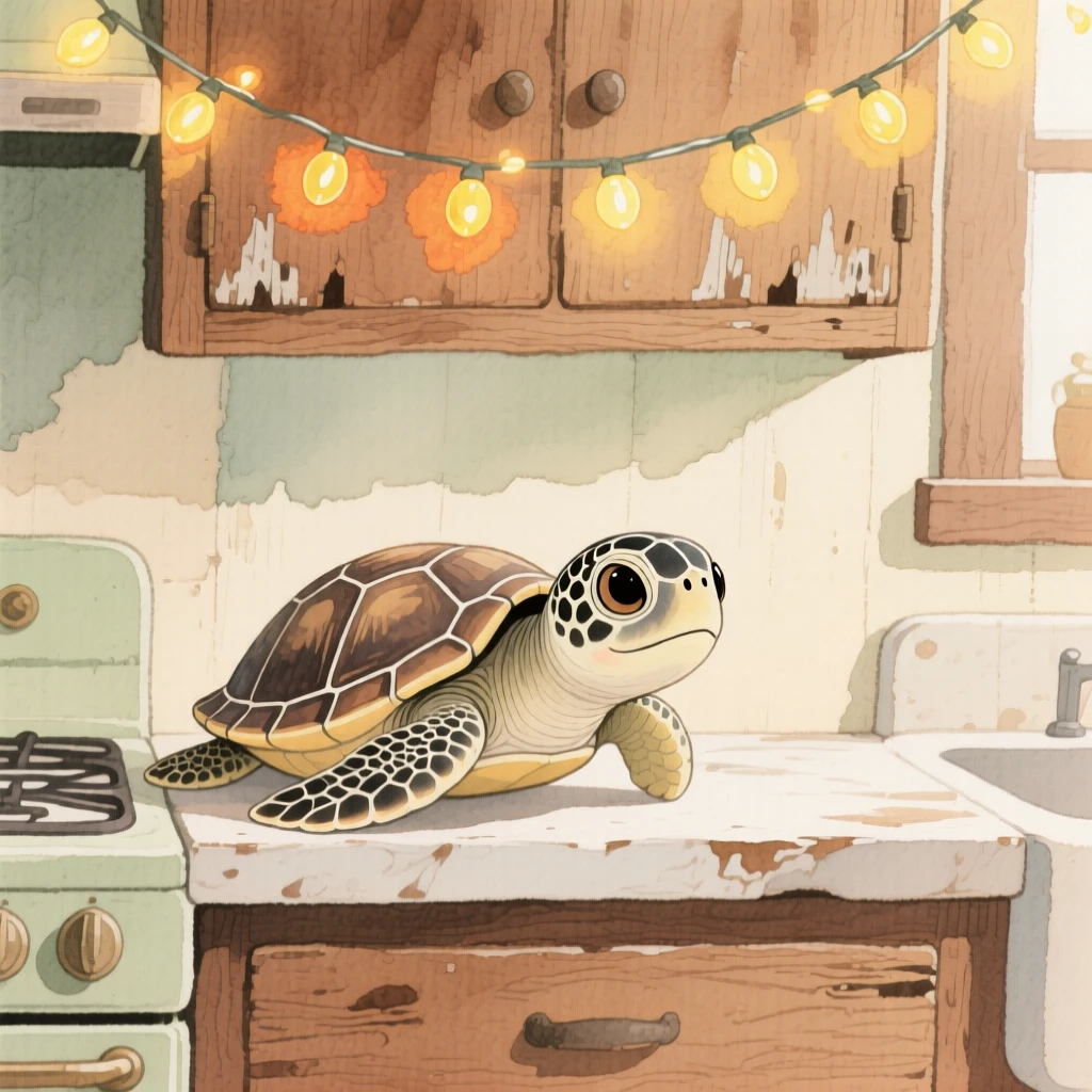 A baby sea turtle peeks out curiously in a rustic farmhouse kitchen, with a string of fairy lights glowing above